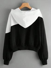 SHEIN EZwear Two Tone Letter Tape Drawstring Hoodie - Black - View 2