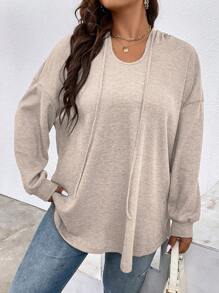 SHEIN LUNE 大碼落肩袖抽繩連帽衛衣 - 杏色 - 查看 4