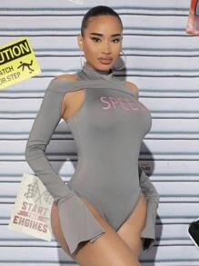 SHEIN SXY Letter Graphic Cut Out Split Sleeve Bodysuit - Grey - View 4