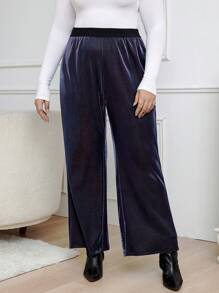 SHEIN CURVE+ Plus High Waist Velvet Wide Leg Pants - Multicolor - View 5