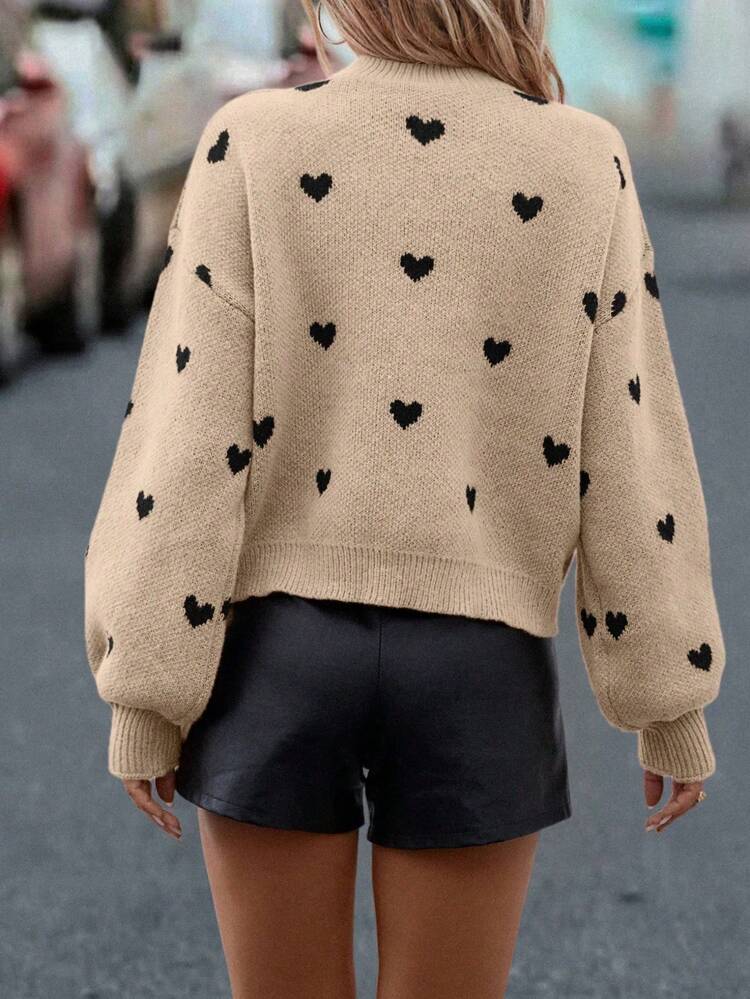 Heart Patterned Dropped Shoulder Casual Sweater, Autumn/Winter Knit Pullover Fall