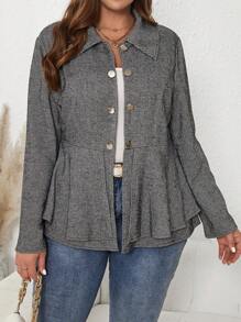 SHEIN Clasi Plus Herringbone Print Peplum Coat - Dark Grey - View 4