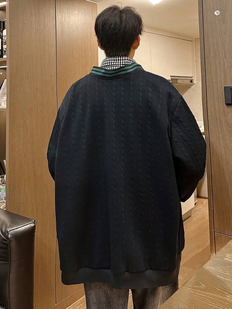 Loose Fit Men's Striped Trim Drop Shoulder 2 In 1 Jacket (No Sweater Included)