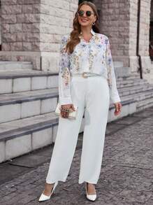 SHEIN Clasi 大碼印花前紐扣襯衫 - 杏色 - 查看 5