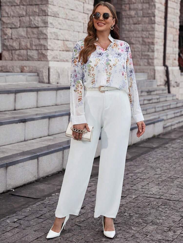 Plus Floral Print Button Front Shirt