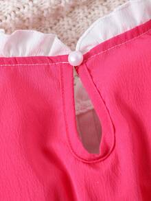 Baby Girl Contrast Eyelet Embroidery Ruffle Trim Flounce Sleeve Jumpsuit & Headband - Hot Pink - View 5