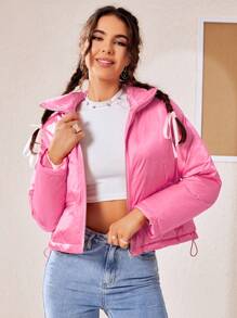 SHEIN EZwear Manteau court matelassé avec ourlet à cordon de serrage - Rose bonbon - Voir 1