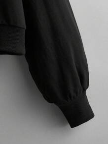 SHEIN EZwear Two Tone Letter Tape Drawstring Hoodie - Black - View 5