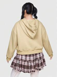 Jelsie Plus Size Teddy Drop Shoulder Drawstring Sweatshirt - Khaki - View 6