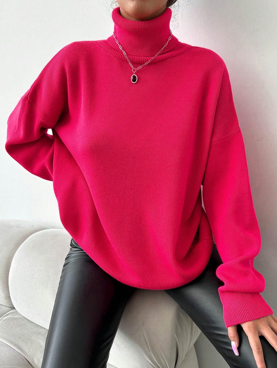 EURMUSE Turtleneck Drop Shoulder Sweater - Pink - View 1