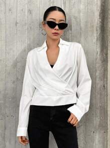 DAZY Solid Surplice Neck Wrap Detail Blouse,Fall Clothes Long Sleeve Top - White - View 3