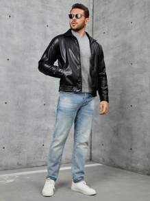 Manfinity Homme Men's Solid Color Zipper Pu Leather Jacket - Black - View 6