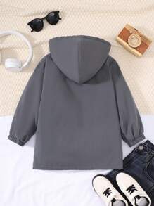 SHEIN Chàng trai trẻ Chi tiết Patched thư Khối màu Lót Teddy Áo trùm đầu - Xám - Xem 2