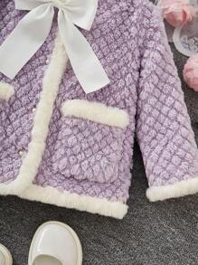 SHEIN Young Girl Contrast Binding Bow Front Dual Pocket Jacket - Purple - View 4