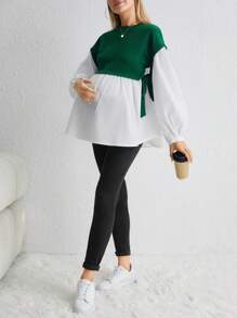 SHEIN Maternity Two Tone Drop Shoulder Knot Side 2 In 1 Blouse - Dark Green - View 4
