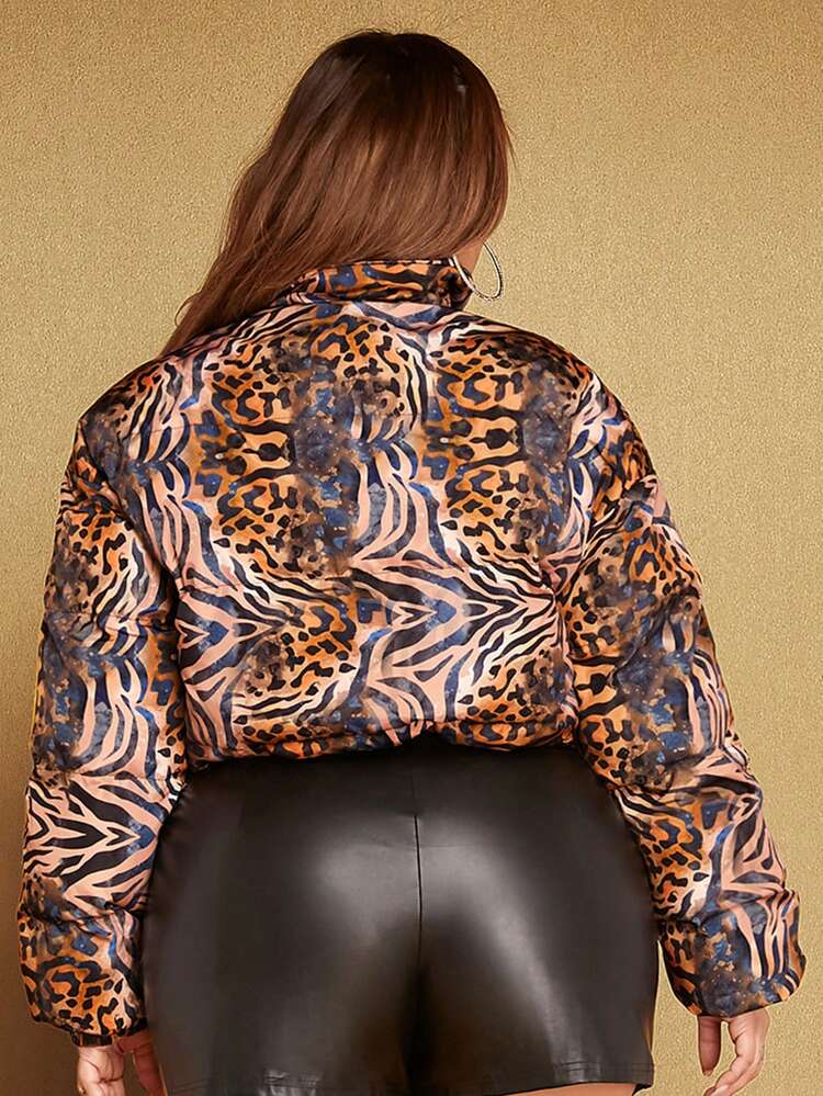 Plus Mixed Print Crop Padded Coat