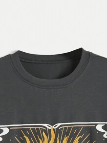 Garabateo Sunflower & Letter Graphic Drop Shoulder Tee - Dark Grey - View 3