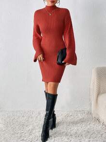 SHEIN Essnce 小高領落肩袖毛衣洋裝不附腰帶 - 棕色 - 查看 5