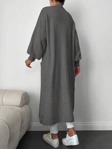 EURMUSE Dual Pocket Drop Shoulder Longline Duster Cardigan - Dark Grey - View 2