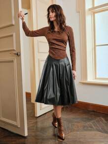 SHEIN Unity Solid Ruched Tee - Coffee Brown - View 3