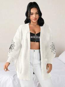 Flirla Plus Spider Web Pattern Drop Shoulder Duster Cardigan - Apricot - View 1