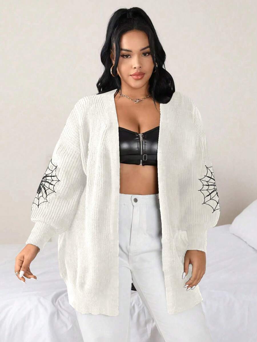 Flirla Hơn Mô hình mạng nhện Thả vai Áo len Duster - Màu be - Xem 1