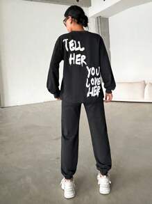 EURMUSE Heart Print Drop Shoulder Sweatshirt & Sweatpants - Dark Grey - View 2