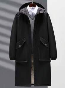 Manfinity Homme 1件宽松男士长袖翻盖口袋保暖连帽冬装外套，秋冬季 - 黑色 - 查看 5