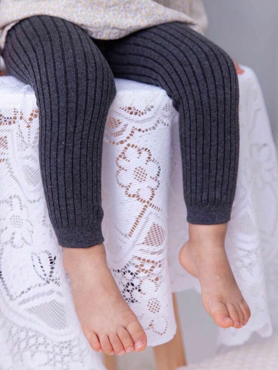 女小童素色羅紋緊身打底褲 - 深灰色 - 查看 1