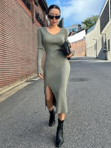 DAZY 罗纹针织开衩大腿毛衣裙，秋季女装 - 橄欖綠 - 查看 4