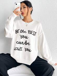 SHEIN EZwear Suéter Casual Con Cuello Redondo Y Estampado De Letras Para Mujer - Blanco - Ver 1