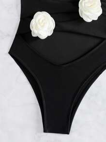 SHEIN Swim Appliques Cut Out Halter One Piece Swimsuit - Black - View 6