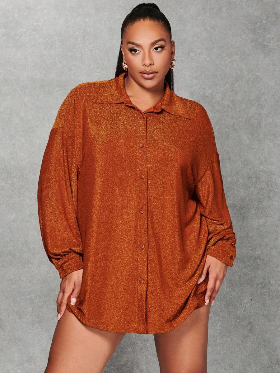 SHEIN BAE 大碼落肩袖前紐扣襯衫