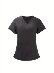 Blusa de uniforme de pijama médico de cuello en V liso, con dos bolsillos y mangas cortas