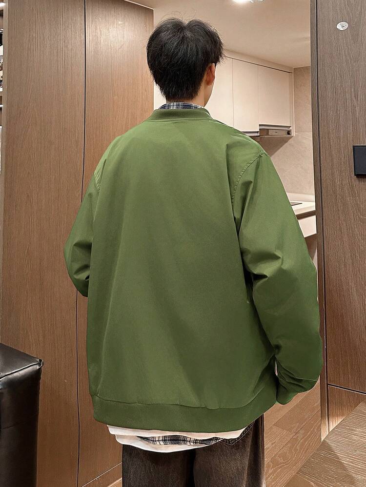 Loose Fit Men's Zip Up Drop Shoulder Bomber Jacket (Without T-Shirt)