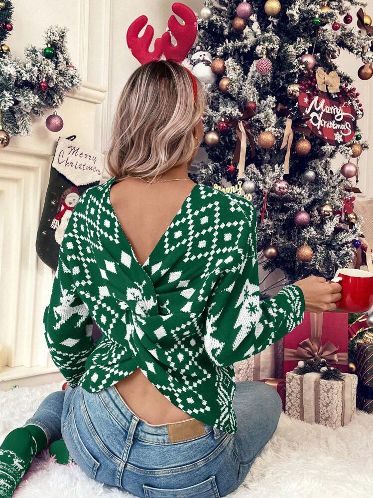 SHEIN LUNE 圣诞图案扭结露背落肩针织套头衫秋冬毛衣 - 綠色 - 查看 1