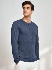 GENTILAND Nam Chất rắn Nút Nửa Mặt trước Áo thun - Màu xanh lam - Xem 3