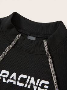 SHEIN ICON Letter Graphic Top-stitching Asymmetrical Hem Crop Tee - Apricot - View 7