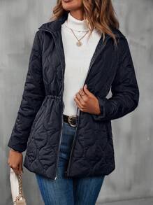 SHEIN LUNE Drawstring Waist Zip Up Quilted Padded Coat Clothes Winter - Royal Blue - View 1