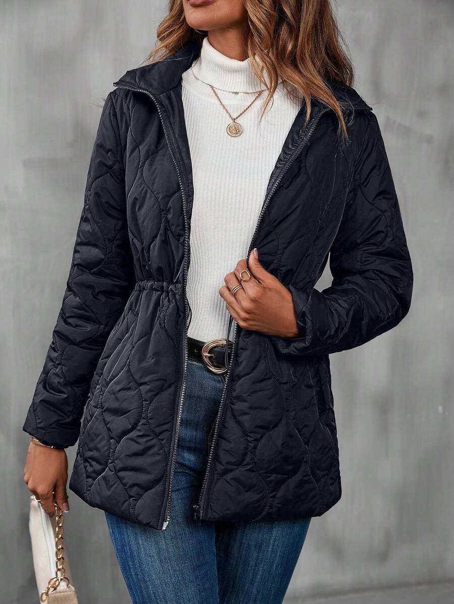 SHEIN LUNE Drawstring Waist Zip Up Quilted Padded Coat Clothes Winter - Royal Blue - View 1