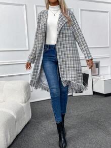 SHEIN LUNE Mantel mit Plaid Muster, Fransen, offener Front, - Schwarz und Weiss - Übersicht 6