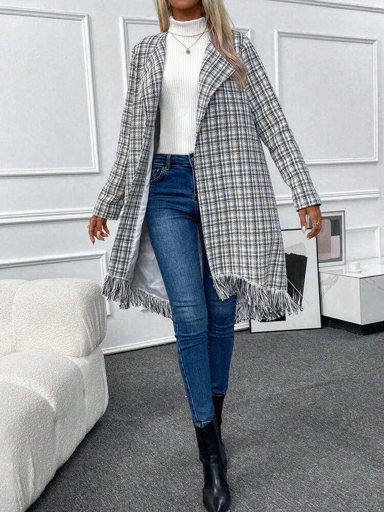 Plaid Print Fringe Hem Open Front Overcoat Fall Cloth For Women