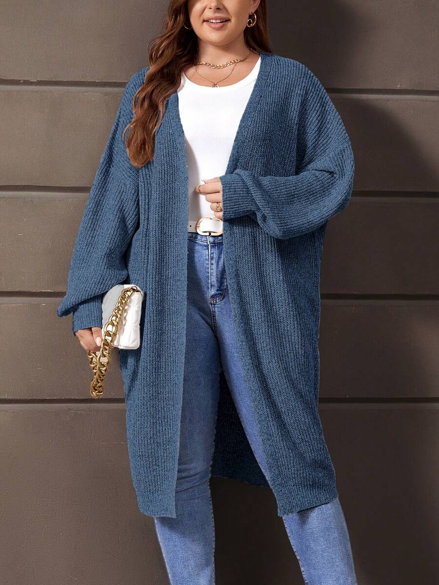 SHEIN LUNE Hơn Thả vai Áo len Duster - Màu xanh lam - Xem 1