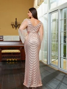 seomiscky Plus Contrast Mesh Flare Sleeve Mermaid Hem Sequin Prom Dress - Apricot - View 2