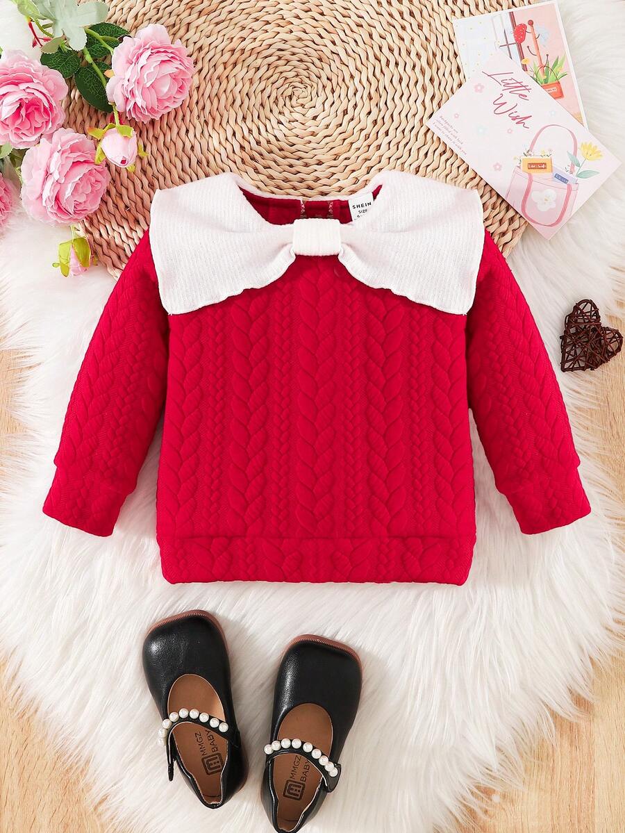 Baby Girl Contrast Collar Cabled Sweatshirt - Multicolor - View 1