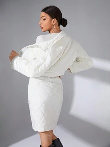 SHEIN Essnce Flap Detail Drop Shoulder Jacket & Skirt - Apricot - View 2