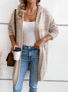 SHEIN LUNE 段染落肩袖連帽開襟開衫 - 卡其色 - 查看 5