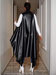 EURMUSE Ren tương phản Cổ áo thác nước Viền không đối xứng chất liệu da PU Áo vest - màu đen - Xem 2
