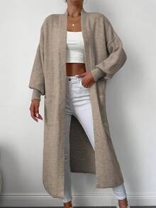 Dual Pocket Drop Shoulder Open Front Longline Duster Cardigan - Camel - View 4