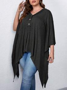 SHEIN LUNE Plus Batwing Sleeve Button Front Asymmetrical Hem Tee - Grey - View 3